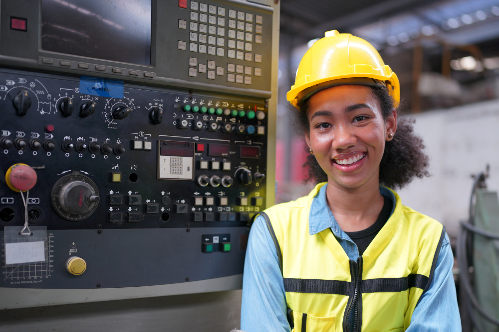 a very young black female industrial worker with her arms crossed smiling
